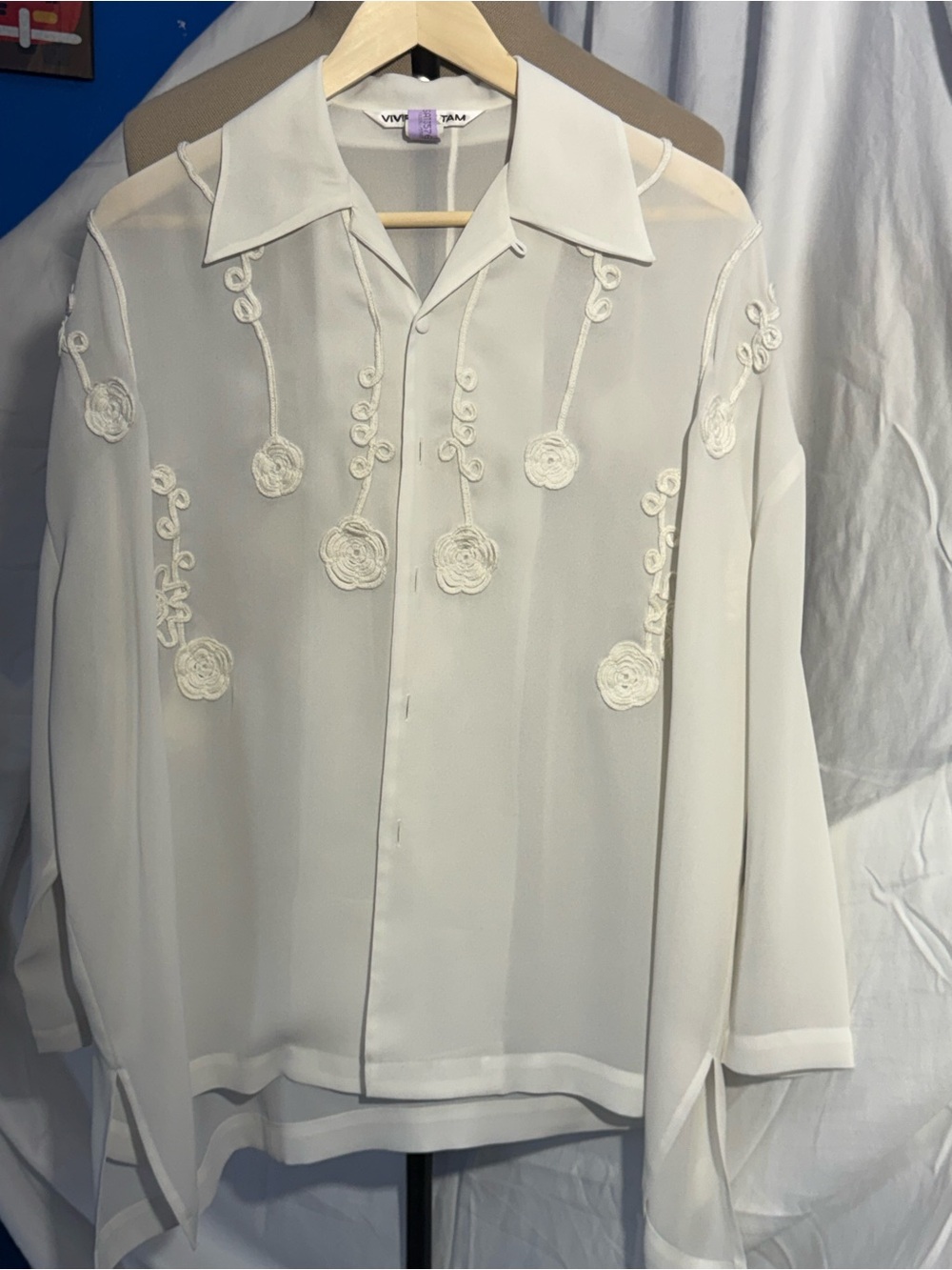 VIVIENNE TAM Vintage Cream Sheer Rosette Blouse Mesh Top